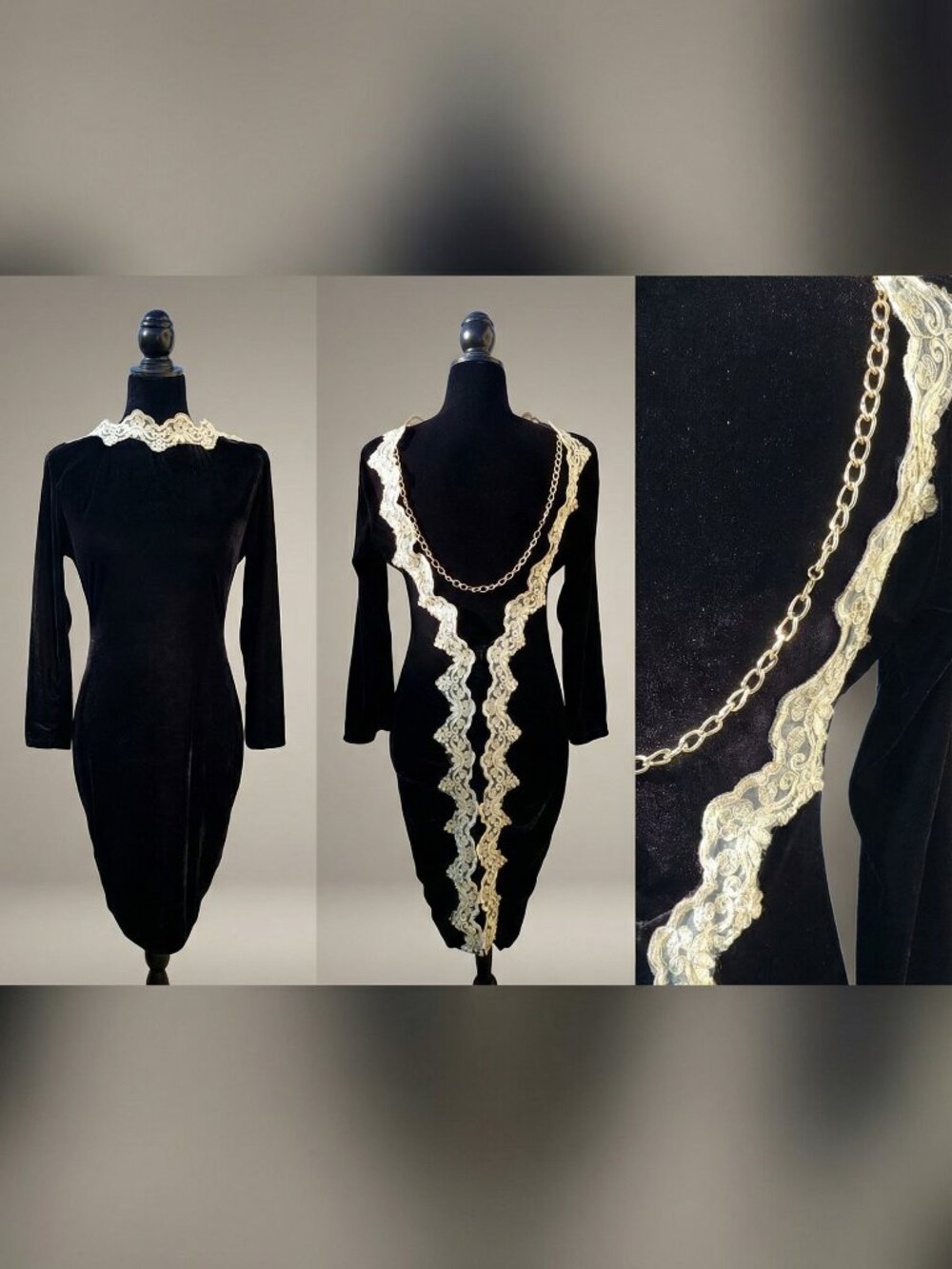 ⚜️🪞Luxurious Embroidery Velvet Lace Gold Chain Party Prom Runway Designer Dress